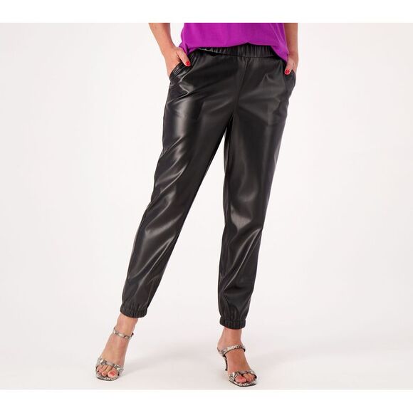 LOGO by Lori Goldstein Women's Petite Pants 10P Faux Leather Black A558171 - Picture 1 of 4